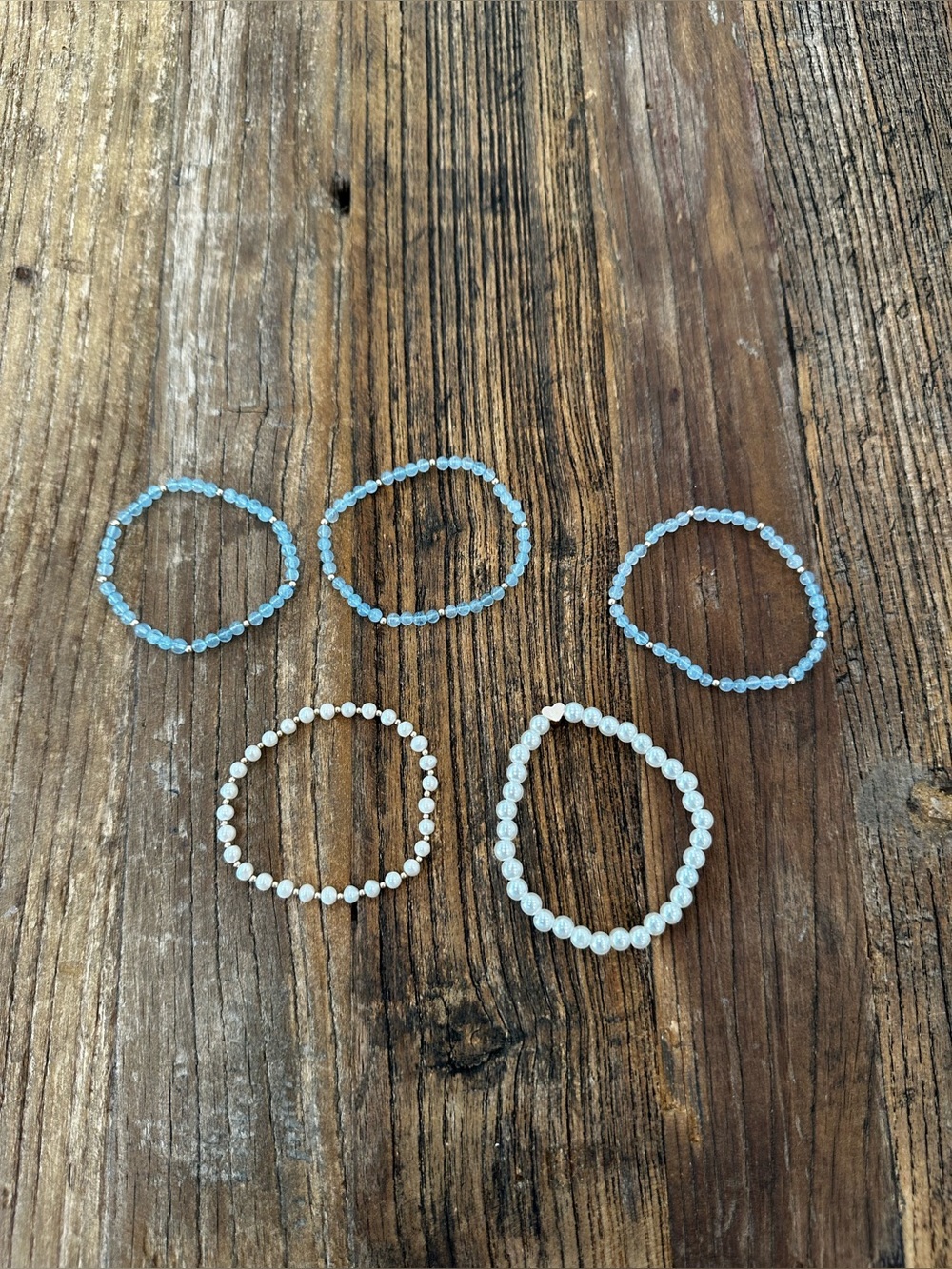 Stretch Beaded Bracelets in Light Blue and White (Set of 5)